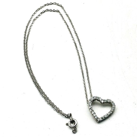 Silver Tone Heart Pendant Necklace Clear Rhinestones Open Heart Romantic - Picture 3 of 8